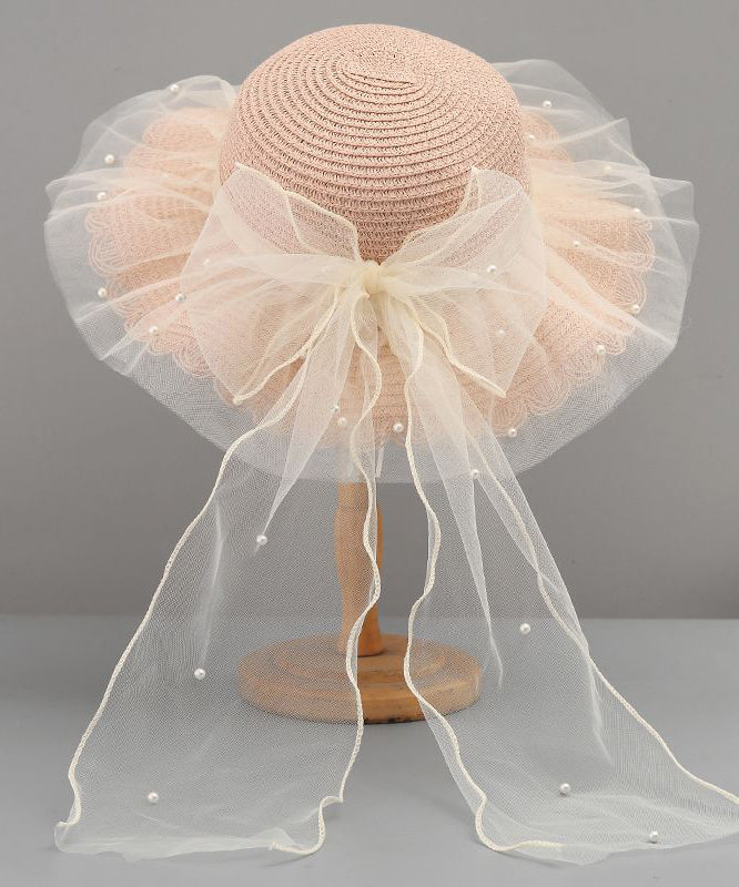Stylish White Tulle Bow Straw Woven Floppy Sun Hat