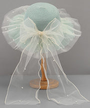 Stylish White Tulle Bow Straw Woven Floppy Sun Hat