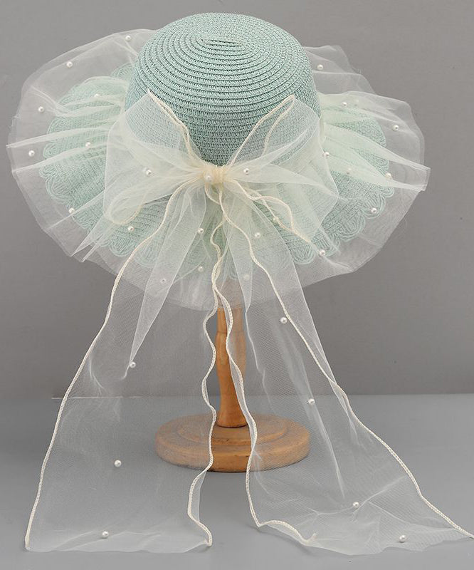 Stylish White Tulle Bow Straw Woven Floppy Sun Hat