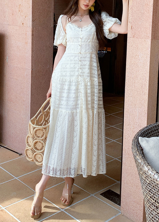 Stylish White V Neck High Waist Lace Two-Piece Set Summer