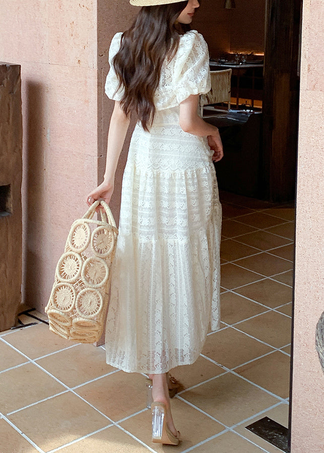 Stylish White V Neck High Waist Lace Two-Piece Set Summer