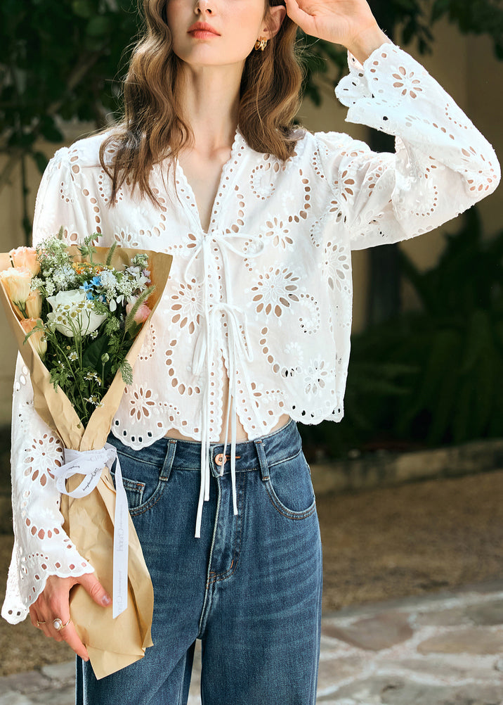 Stylish White V Neck Lace Up Hollow Out Cotton Shirt Spring