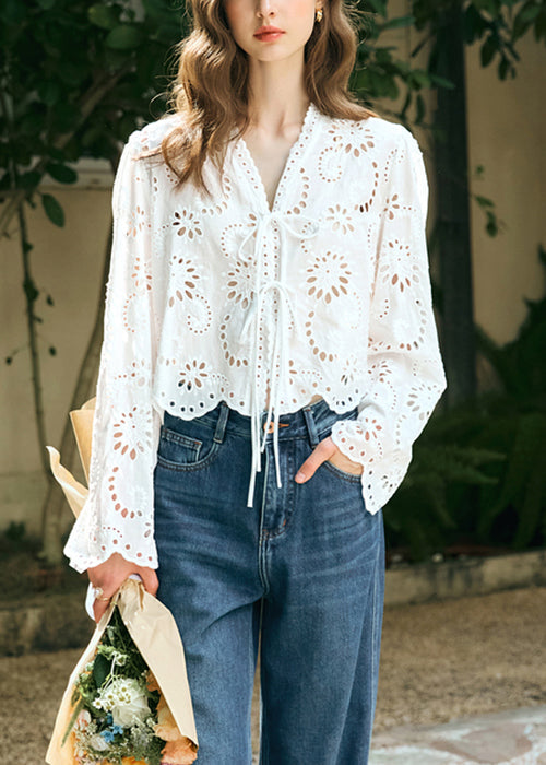 Stylish White V Neck Lace Up Hollow Out Cotton Shirt Spring