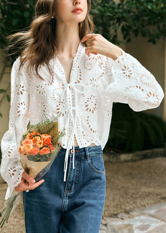 Stylish White V Neck Lace Up Hollow Out Cotton Shirt Spring