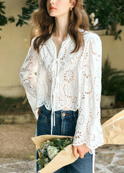 Stylish White V Neck Lace Up Hollow Out Cotton Shirt Spring