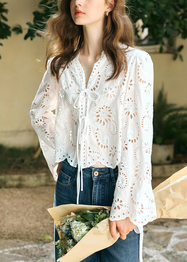 Stylish White V Neck Lace Up Hollow Out Cotton Shirt Spring