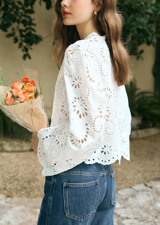 Stylish White V Neck Lace Up Hollow Out Cotton Shirt Spring