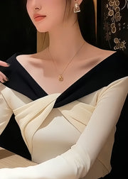 Stylish White V Neck Patchwork Knit Sweater Fall