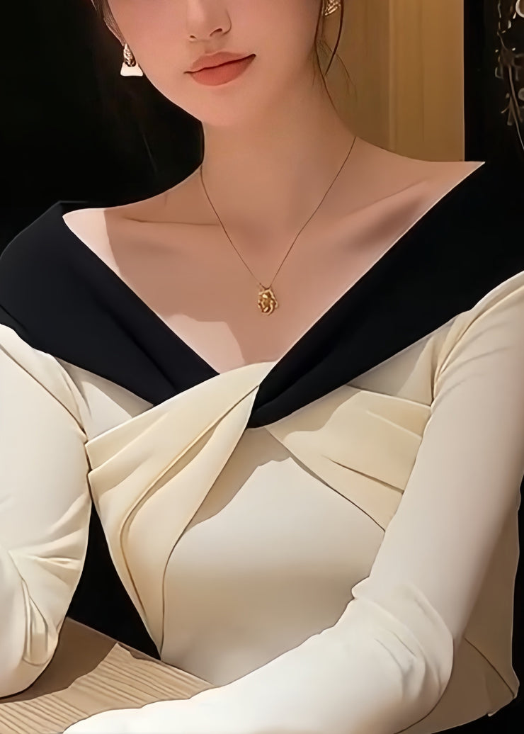 Stylish White V Neck Patchwork Knit Sweater Fall