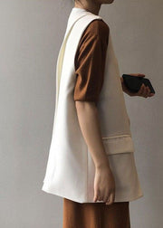 Stylish White V Neck Pockets Side Open Draping Chiffon Vest Sleeveless