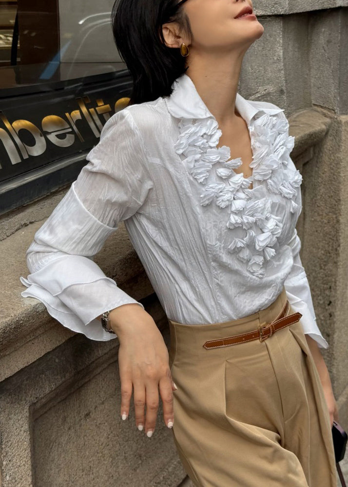 Stylish White V Neck Wrinkled Floral Cotton Blouse Fall