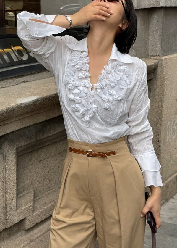 Stylish White V Neck Wrinkled Floral Cotton Blouse Fall