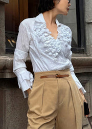 Stylish White V Neck Wrinkled Floral Cotton Blouse Fall