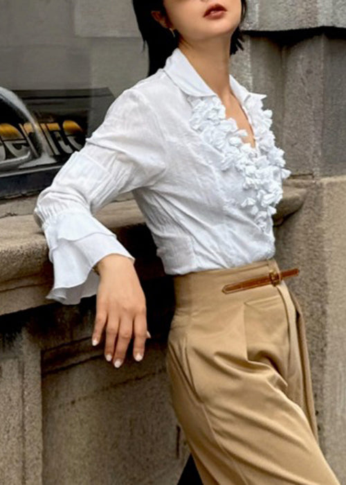 Stylish White V Neck Wrinkled Floral Cotton Blouse Fall