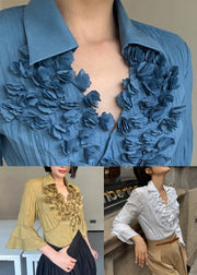 Stylish White V Neck Wrinkled Floral Cotton Blouse Fall