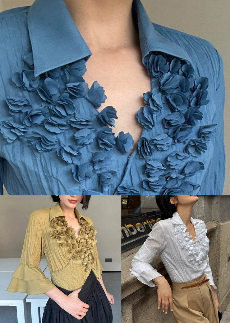 Stylish White V Neck Wrinkled Floral Cotton Blouse Fall