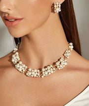 Stylish White Zircon Pearl Necklaces Set Earrings Jewelry Women