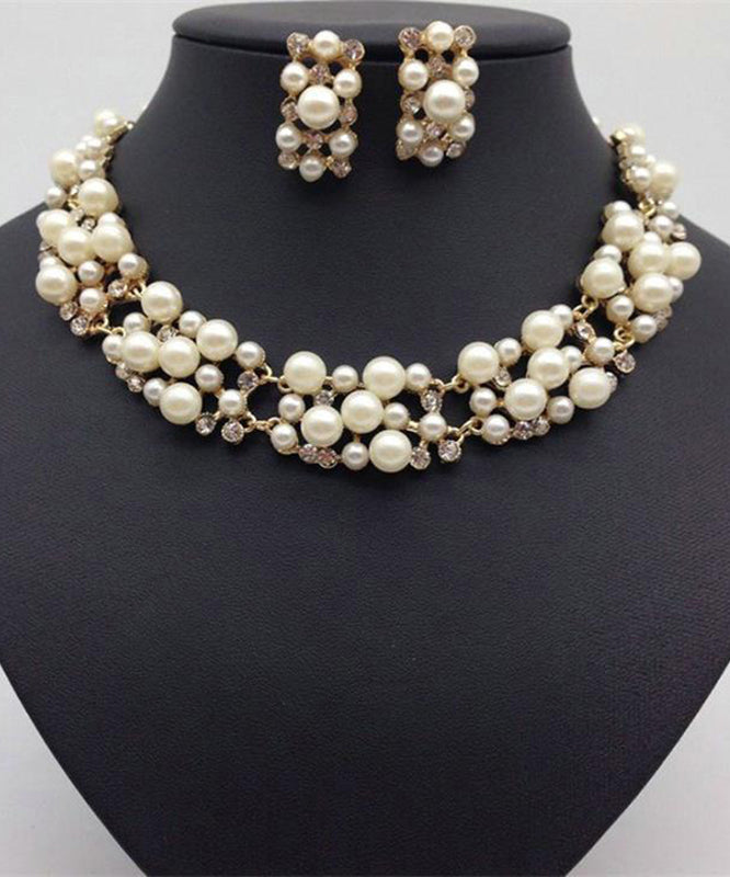 Stylish White Zircon Pearl Necklaces Set Earrings Jewelry Women