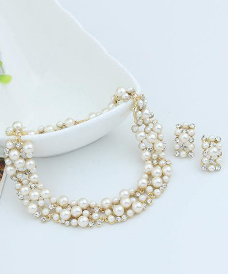 Stylish White Zircon Pearl Necklaces Set Earrings Jewelry Women