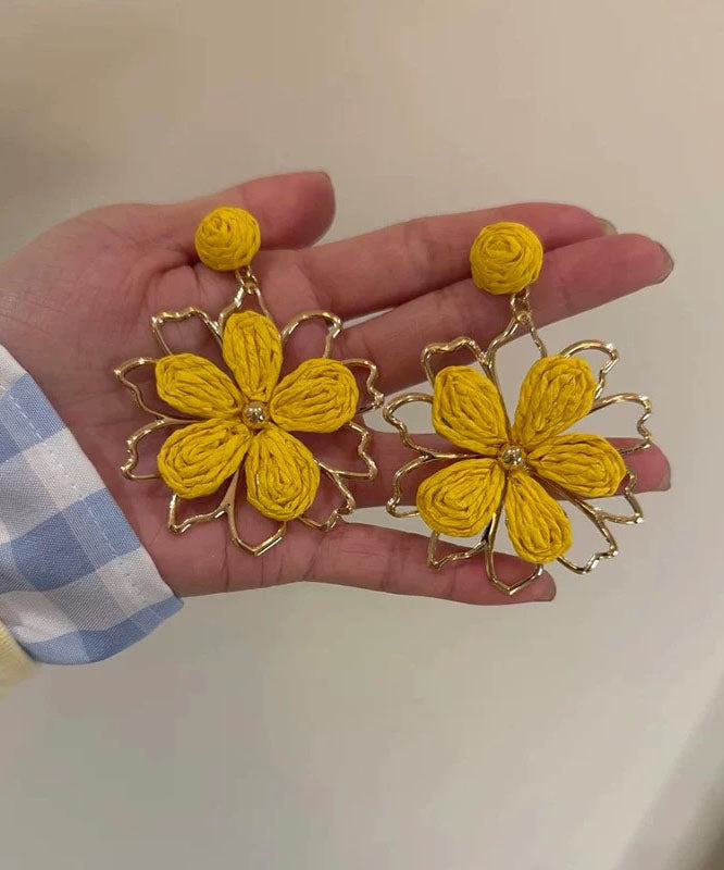 Stylish Yellow Alloy Weavin Hollow Out Floral Drop Earrings