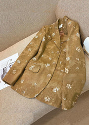 Stylish Yellow Notched Rose Print Button Cotton Coat Fall