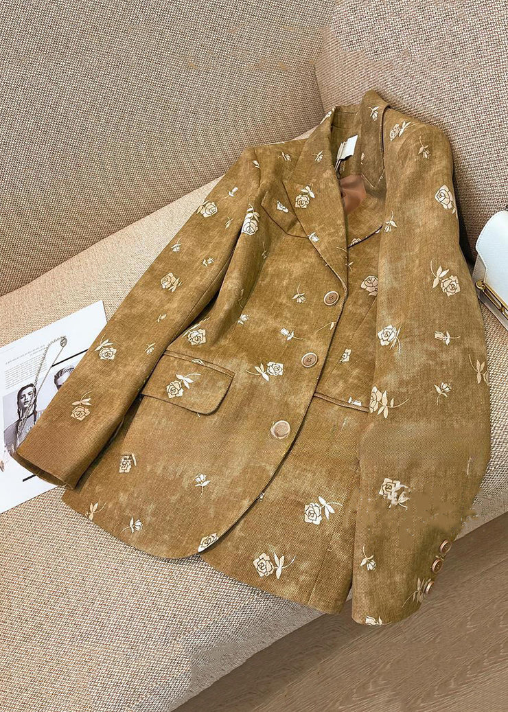Stylish Yellow Notched Rose Print Button Cotton Coat Fall