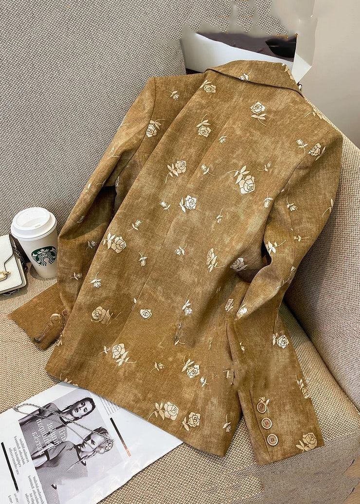 Stylish Yellow Notched Rose Print Button Cotton Coat Fall