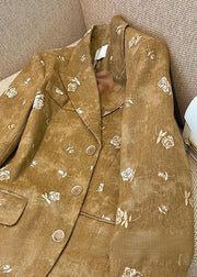 Stylish Yellow Notched Rose Print Button Cotton Coat Fall