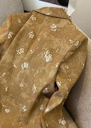 Stylish Yellow Notched Rose Print Button Cotton Coat Fall