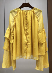 Stylish Yellow O-Neck Ruffles Chiffon Blouses Fall