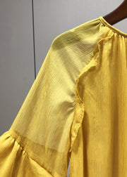 Stylish Yellow O-Neck Ruffles Chiffon Blouses Fall