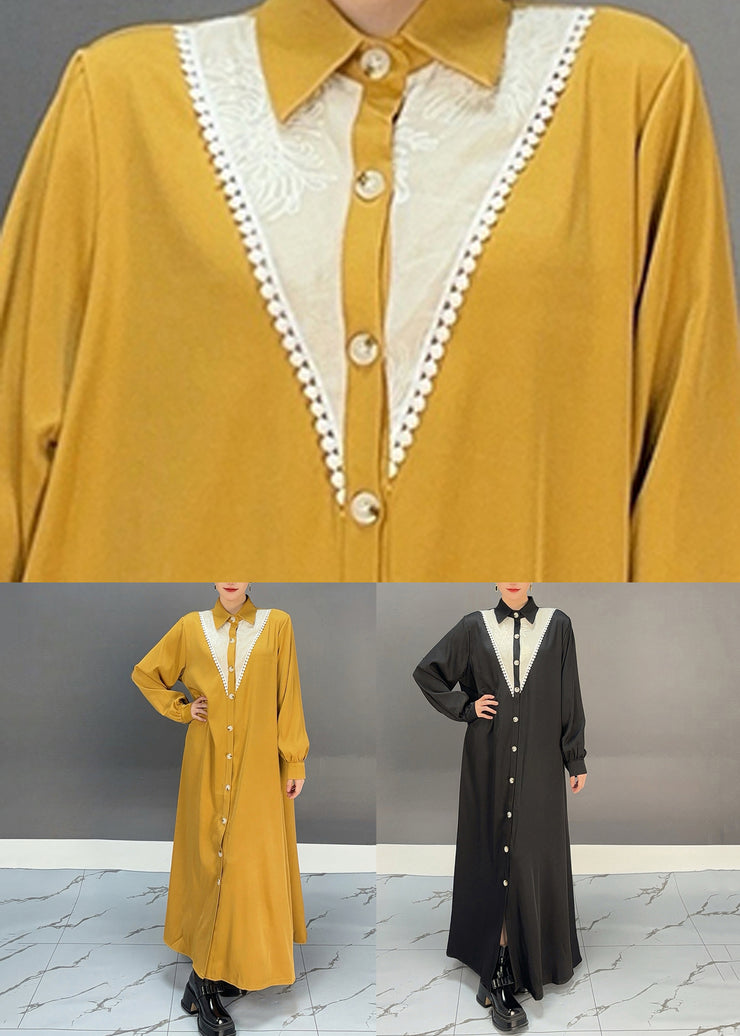 Stylish Yellow Patchwork Nail Bead Long Shirts Dress Spring