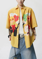 Stylish Yellow Peter Pan Collar Print Button Cotton Mens Shirts Half Sleeve