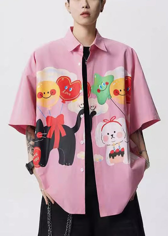 Stylish Yellow Peter Pan Collar Print Button Cotton Mens Shirts Half Sleeve