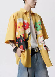 Stylish Yellow Peter Pan Collar Print Button Cotton Mens Shirts Half Sleeve