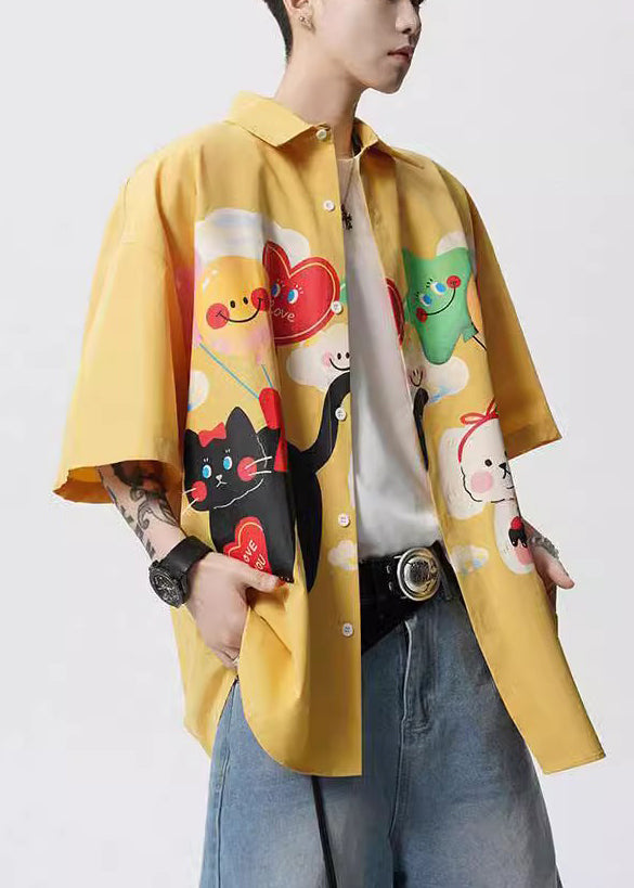 Stylish Yellow Peter Pan Collar Print Button Cotton Mens Shirts Half Sleeve