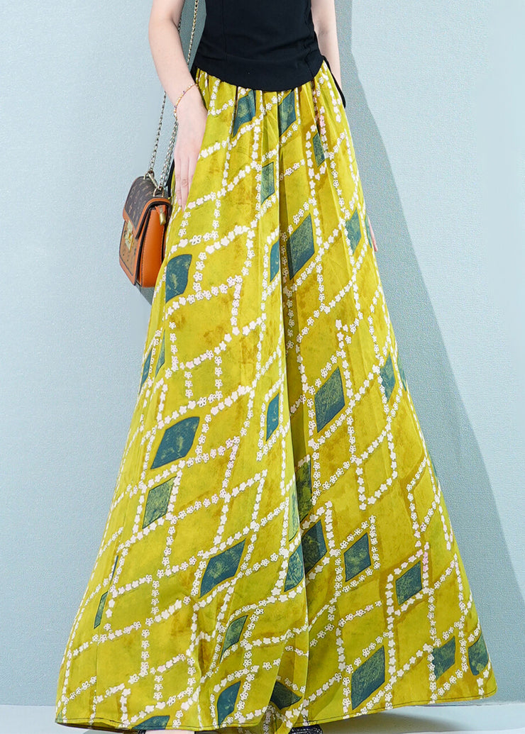 Stylish Yellow Plaid Pockets Chiffon Wide Leg Pants Summer