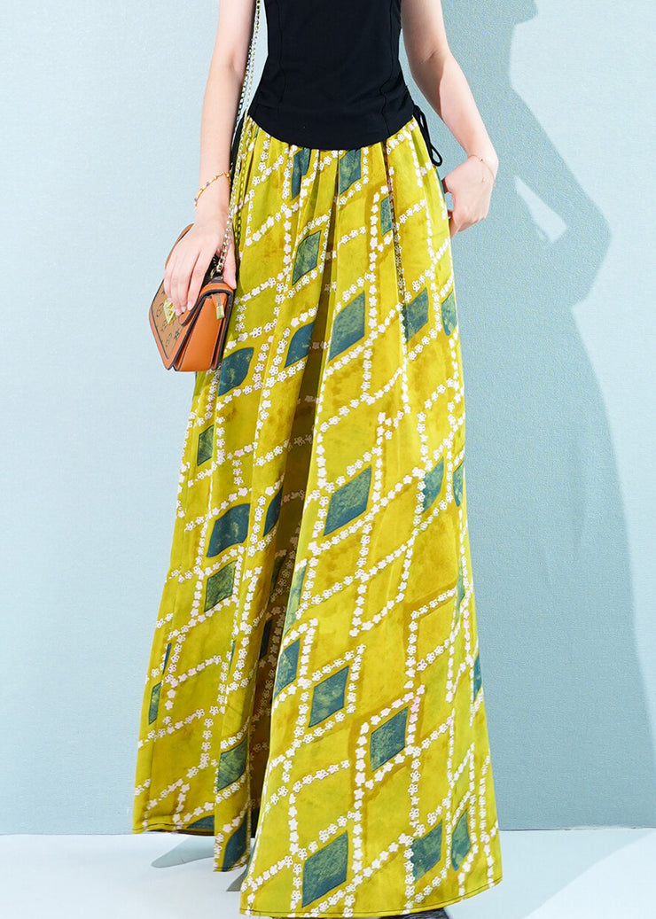 Stylish Yellow Plaid Pockets Chiffon Wide Leg Pants Summer