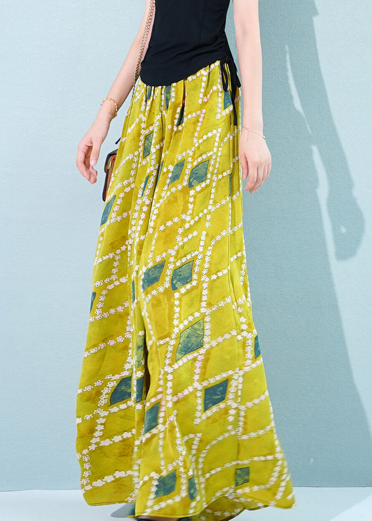 Stylish Yellow Plaid Pockets Chiffon Wide Leg Pants Summer