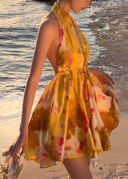 Stylish Yellow Print Backless Lace Up Chiffon Mini Dresses Sleeveless