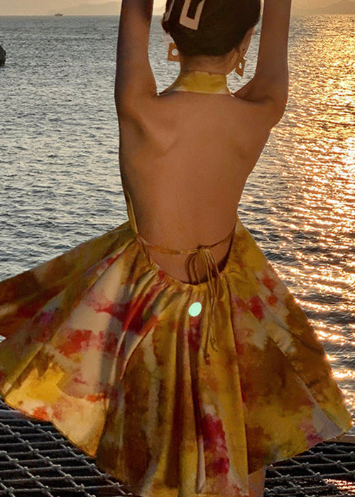Stylish Yellow Print Backless Lace Up Chiffon Mini Dresses Sleeveless