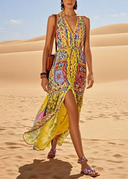 Stylish Yellow Print Side Open Cotton Holiday Dress Sleeveless