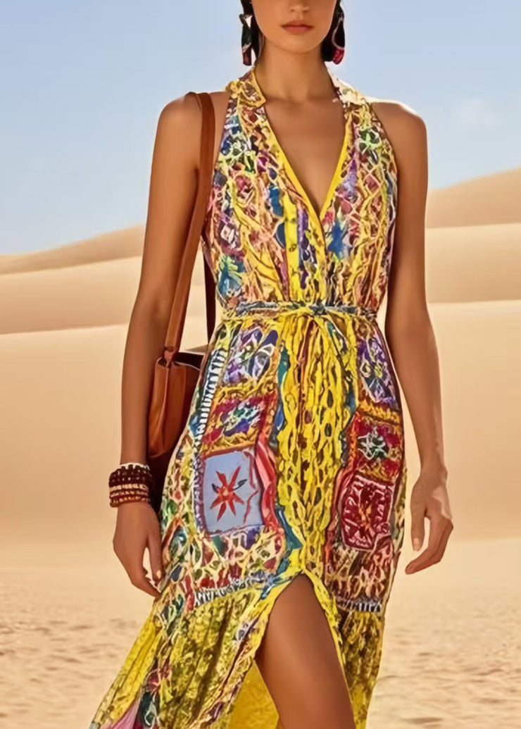 Stylish Yellow Print Side Open Cotton Holiday Dress Sleeveless