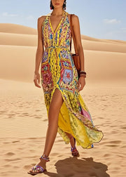 Stylish Yellow Print Side Open Cotton Holiday Dress Sleeveless