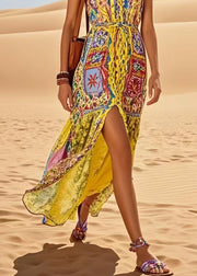 Stylish Yellow Print Side Open Cotton Holiday Dress Sleeveless