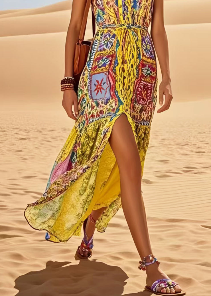 Stylish Yellow Print Side Open Cotton Holiday Dress Sleeveless