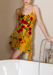 Stylish Yellow Ruffled Print Chiffon Spaghetti Strap Dress Sleeveless