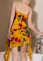 Stylish Yellow Ruffled Print Chiffon Spaghetti Strap Dress Sleeveless