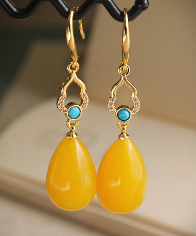 Stylish Yellow Sterling Silver Ancient Gold Inlaid Beeswax Drop Earrings