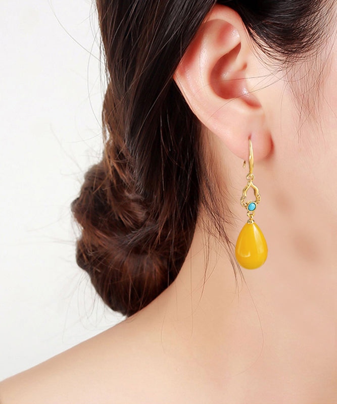 Stylish Yellow Sterling Silver Ancient Gold Inlaid Beeswax Drop Earrings